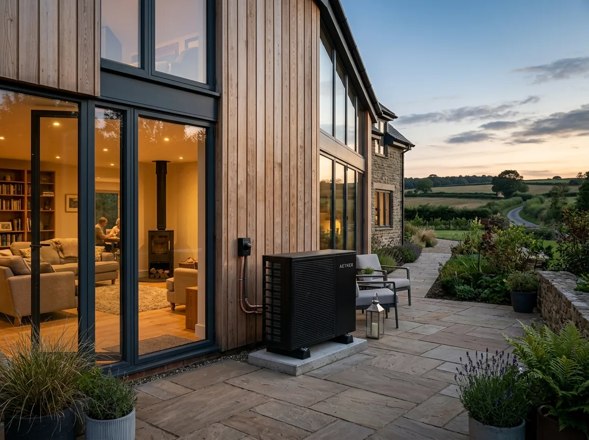 Modern air source heat pump installed at a contemporary Kent property with patio and warm lighting